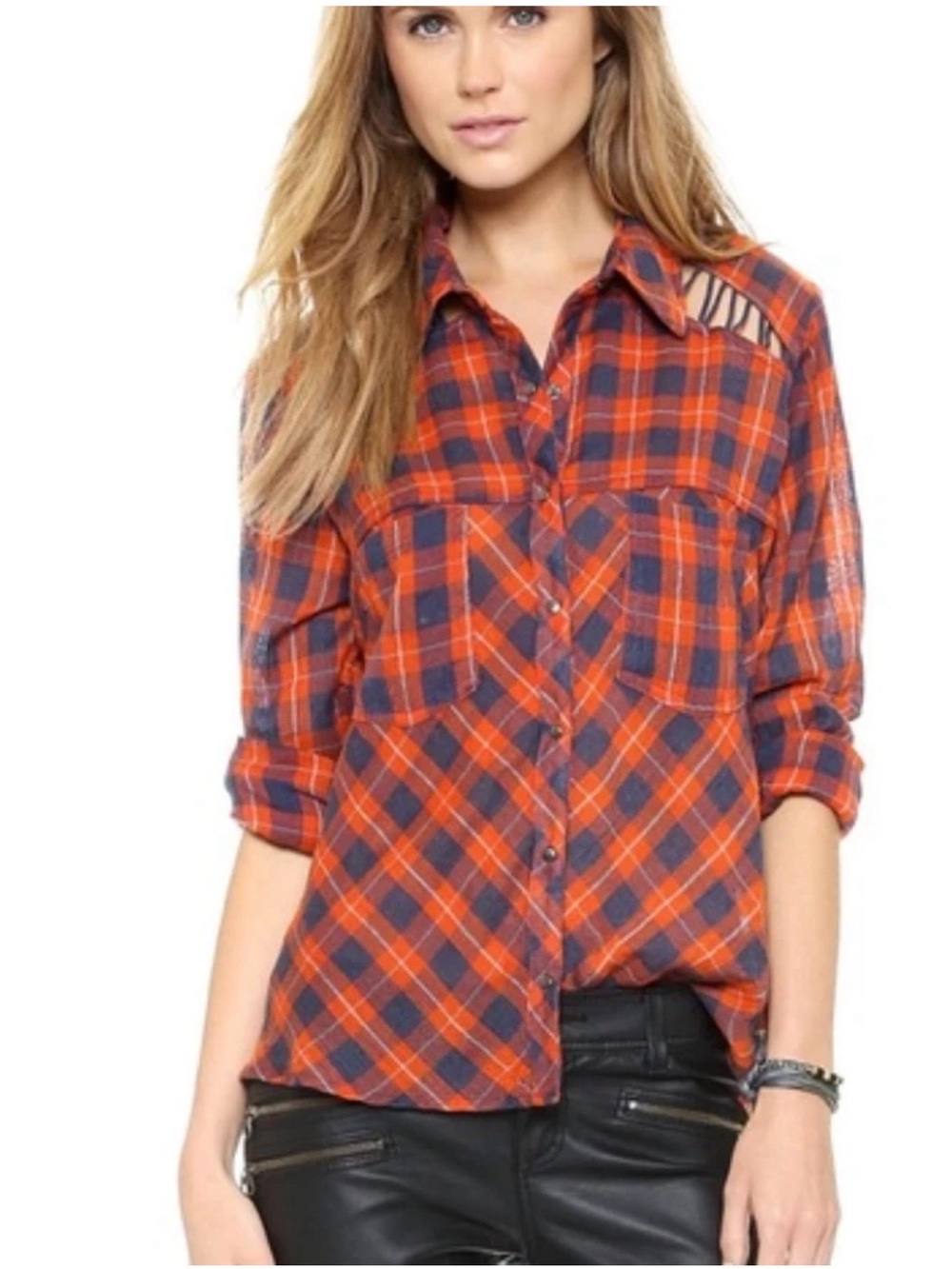 Free People Red & Navy Plaid Button-Up Shirt size S, like new.